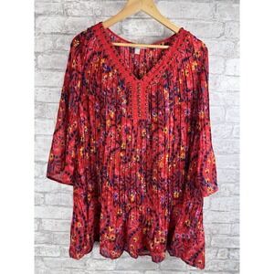 Woman Within Red Floral Tunic Top Blouse Plus Size 1X (22-24) V-Neck Embellished